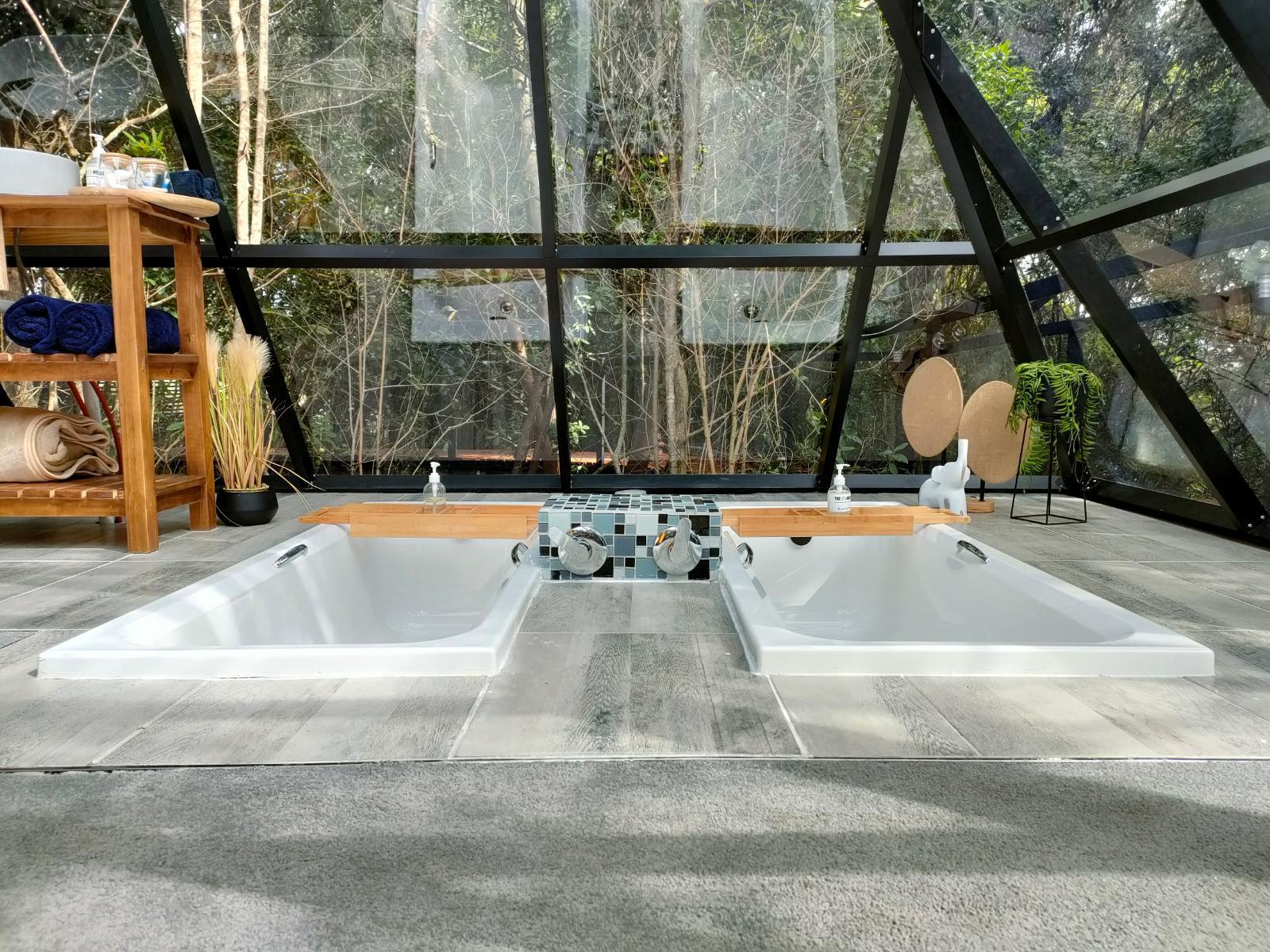 The Pyramid at Misty Mountain Reserve: Couple toasting champagne in twin tubs, steam, glass wall