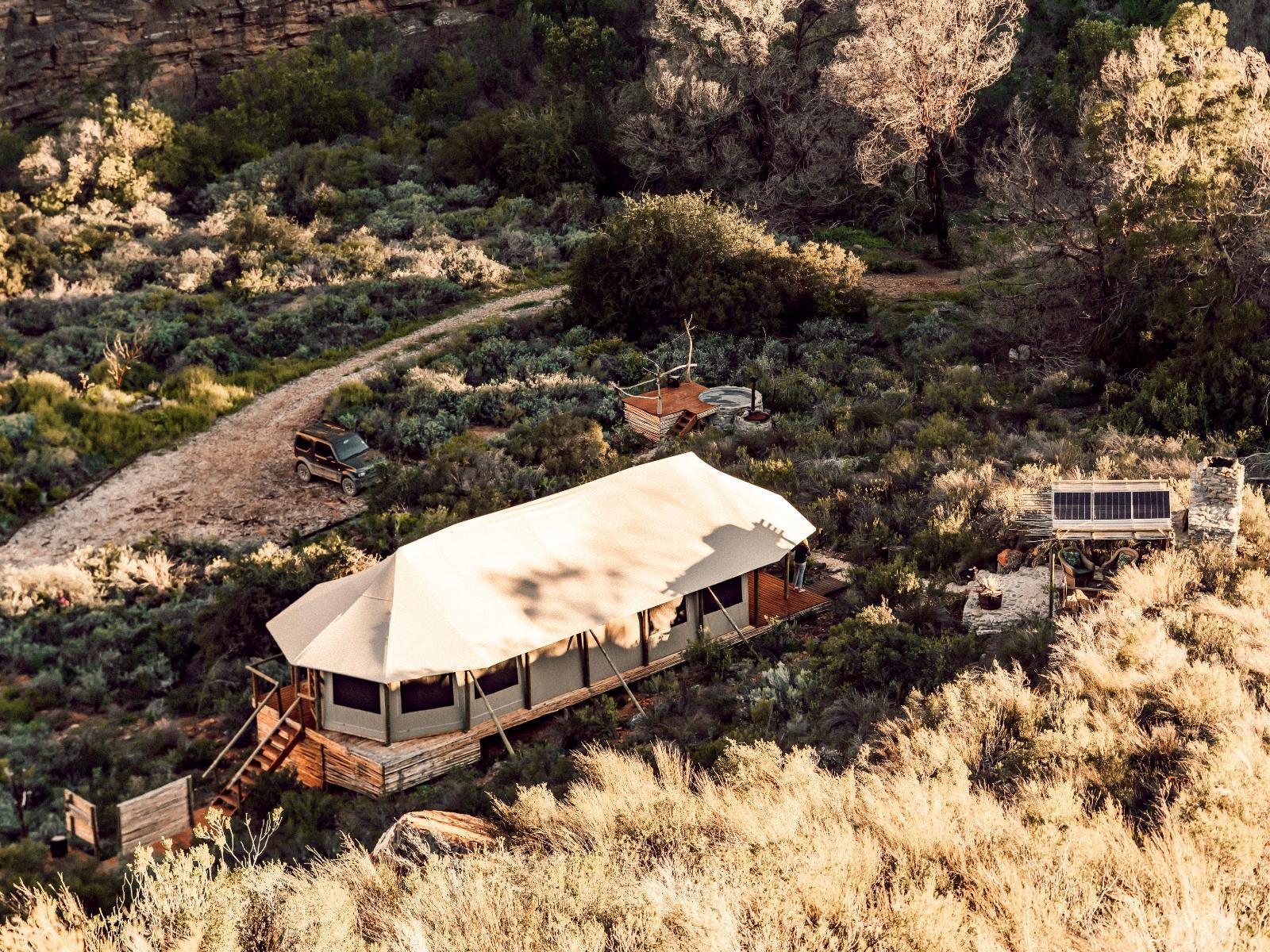Bird's eye view of Leopard's Kloof Luxury Tented Camp at Wolwehoek Nature Reserve.